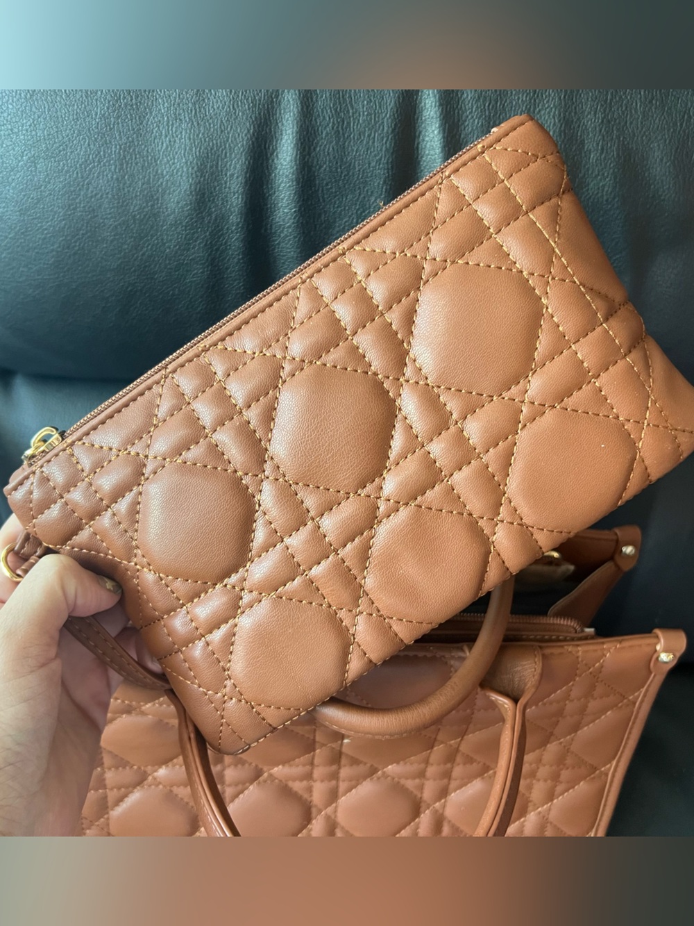 Quilted Brown Shoulder Bag with Removable Pouch - Picture 5 of 6